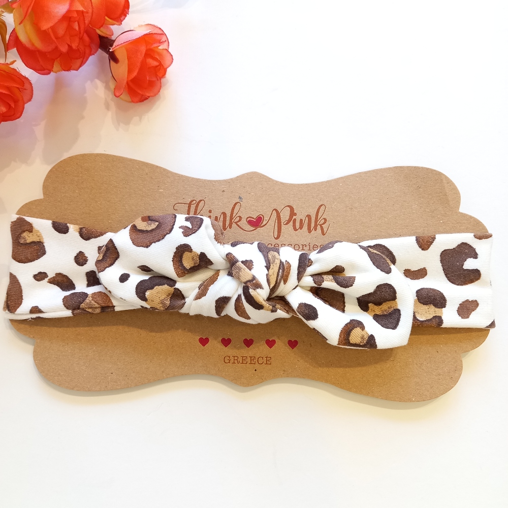 παιδική βαμβακερή κορδέλα για τα μαλλιά leopard καφέ Think Pink