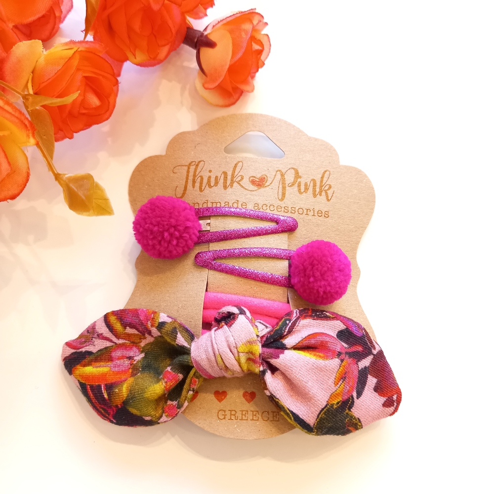 σετ παιδικά κλιπς και λαστιχάκι floral Think Pink