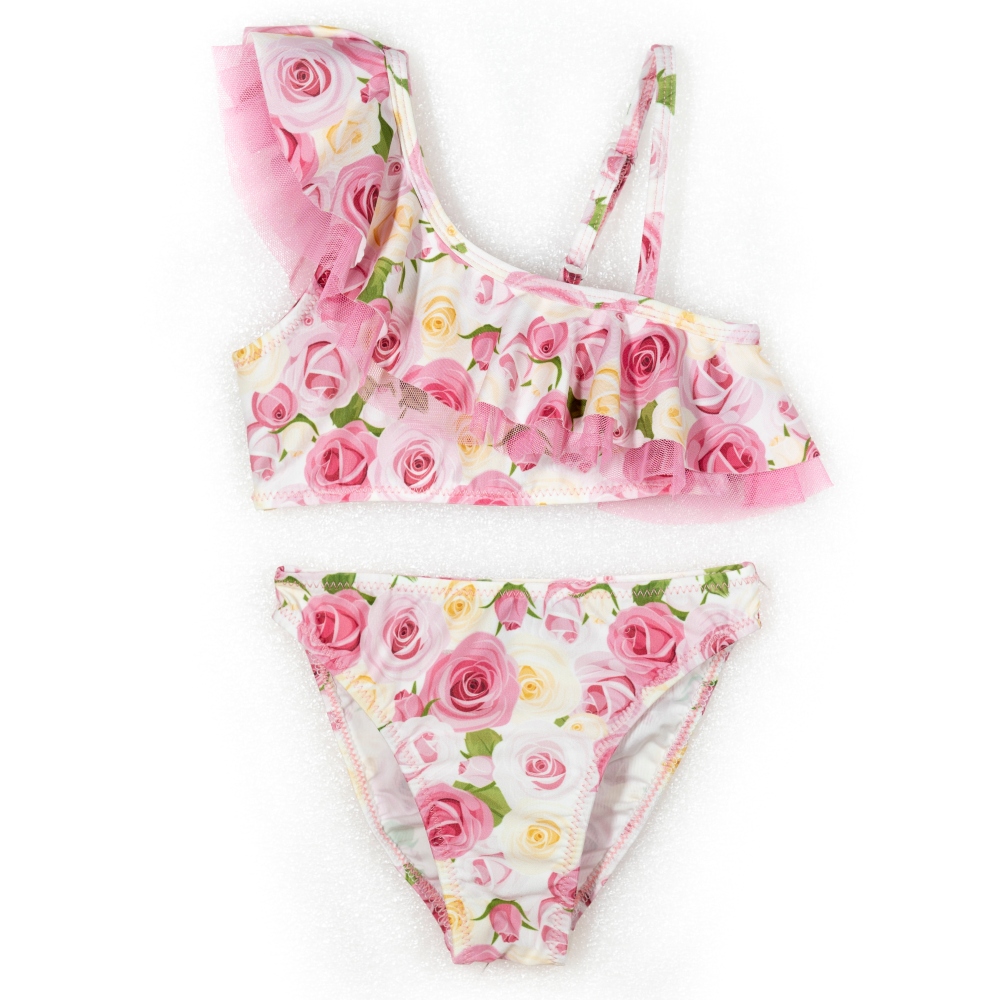 βρεφικό μαγιό μπικίνι με κορδέλα για τα μαλλιά με τριανταφυλλάκια και ροζ φρου-φρου Tortue