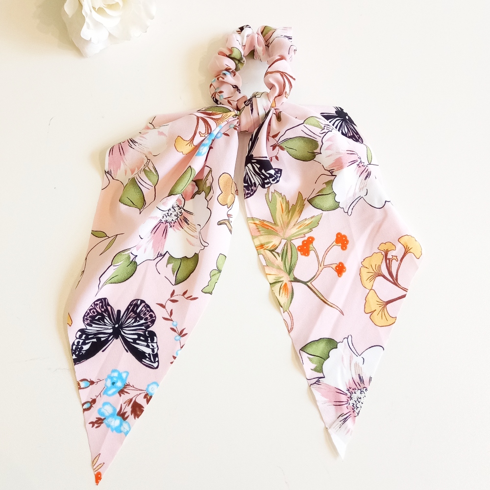 scrunchie για τα μαλλιά με φιόγκο για κοριτσάκια και μαμάδες ροζ_σομόν με πεταλούδες