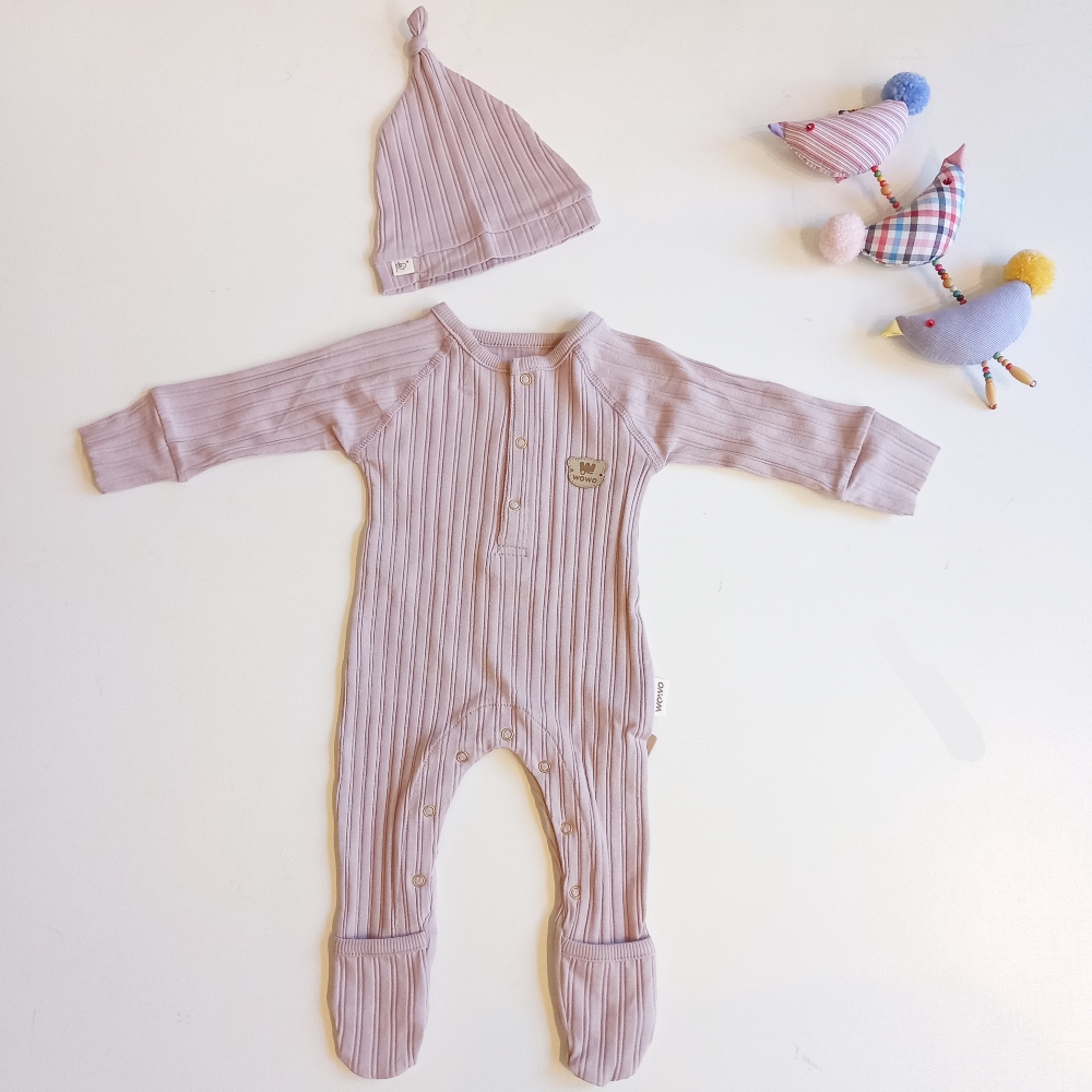 σετ βρεφικό ριμπ φορμάκι και ασορτί σκουφάκι dusty purple για κοριτσάκια