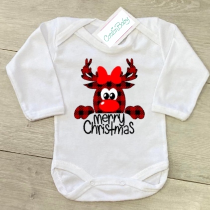 βρεφικό χριστουγεννιάτικο φορμάκι merry Christmas ταρανδάκι καρό και φιογκάκι (1)