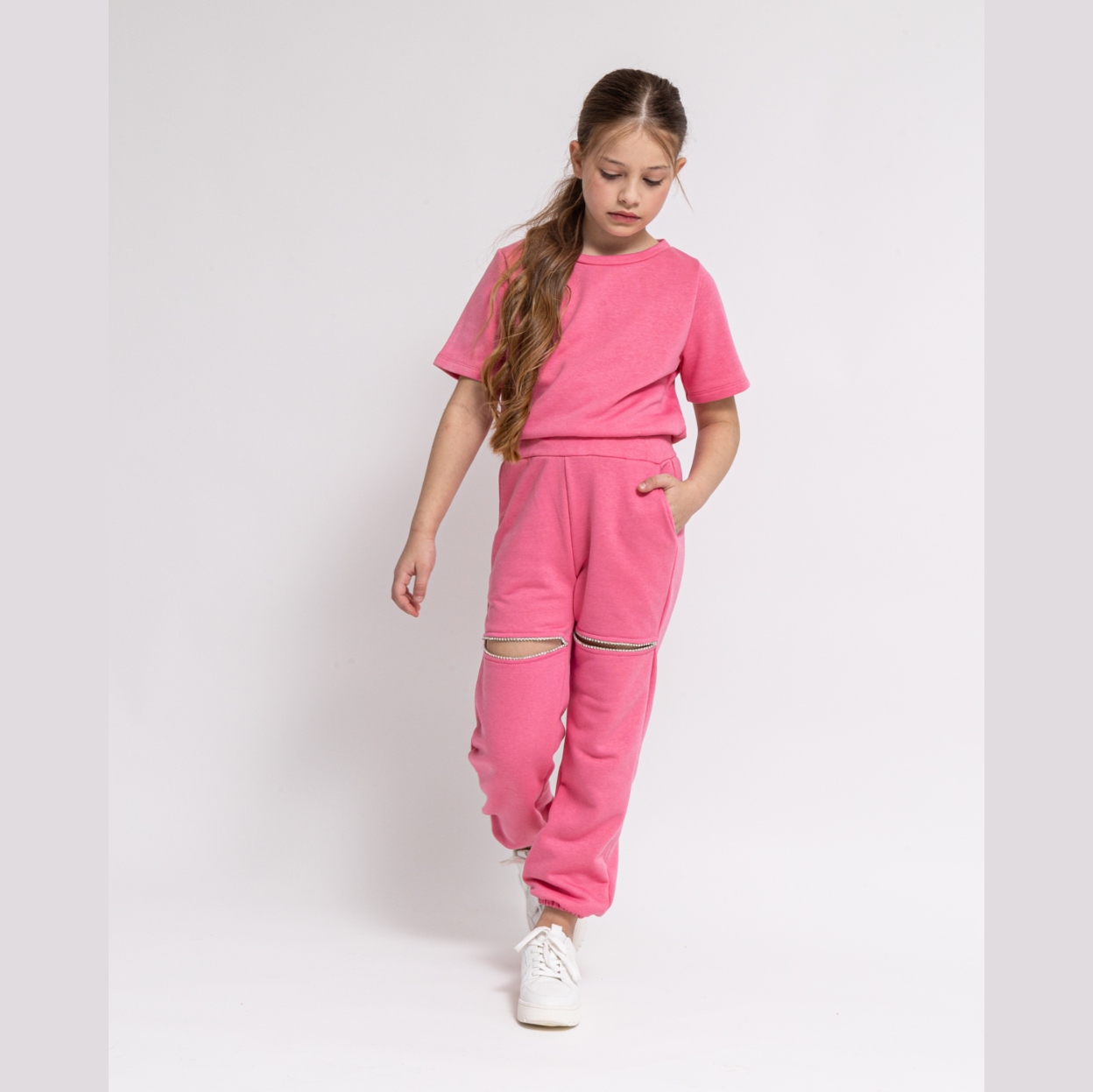 alice fashion σετ ροζ κοντομανικο παντελονι σκισιμο