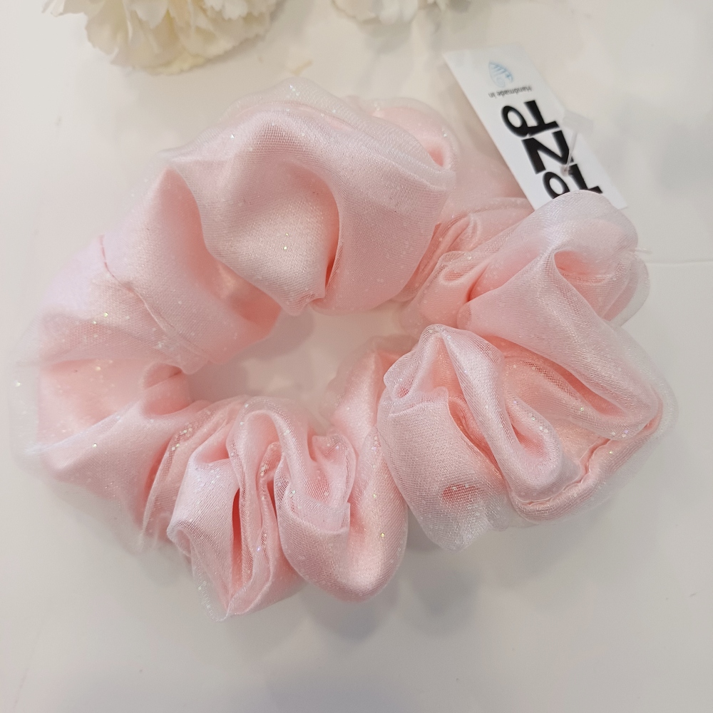χειροποιητο scrunchie λαστιχακι για μαλλια tonto με τούλι ροζ (1)