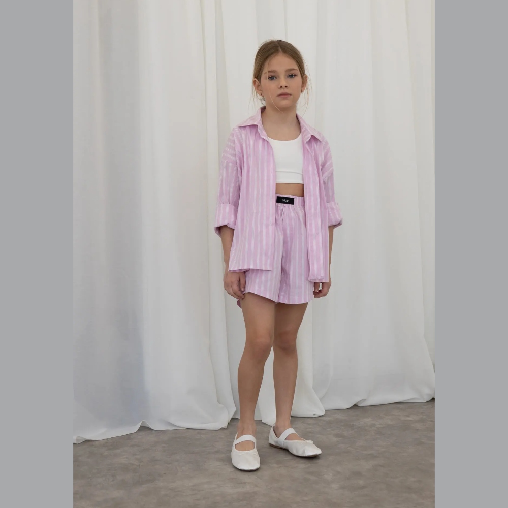 σετ πουκαμισο με σορτς ροζ ριγε alice fashion