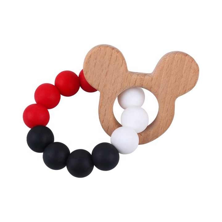 μασητικο σιλικονης με ξυλινο mickey mouse