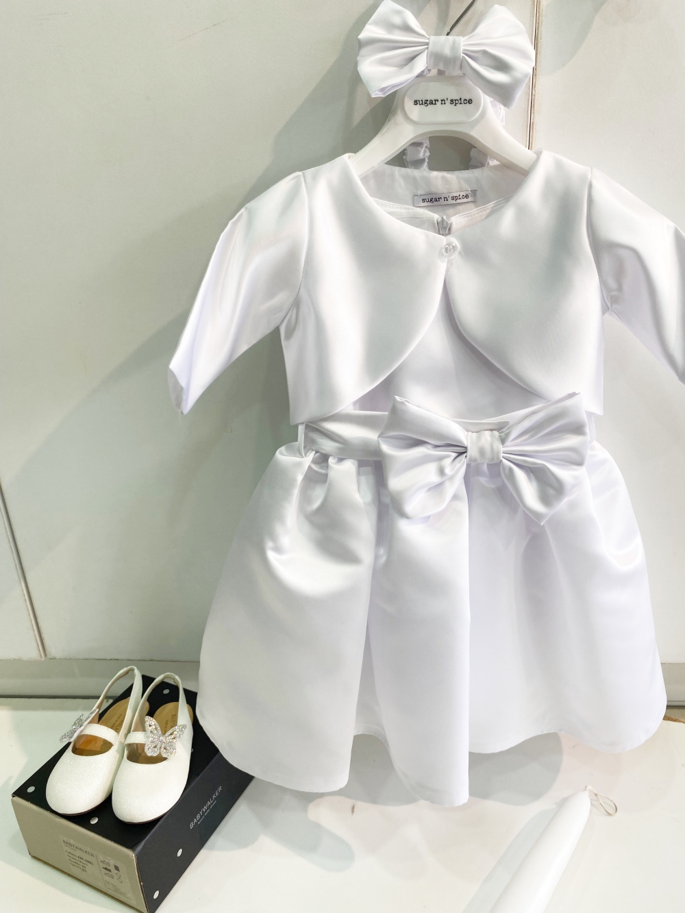 βαπτιστικο φορεμα sugar and spice saten και παπουτσια babywalker