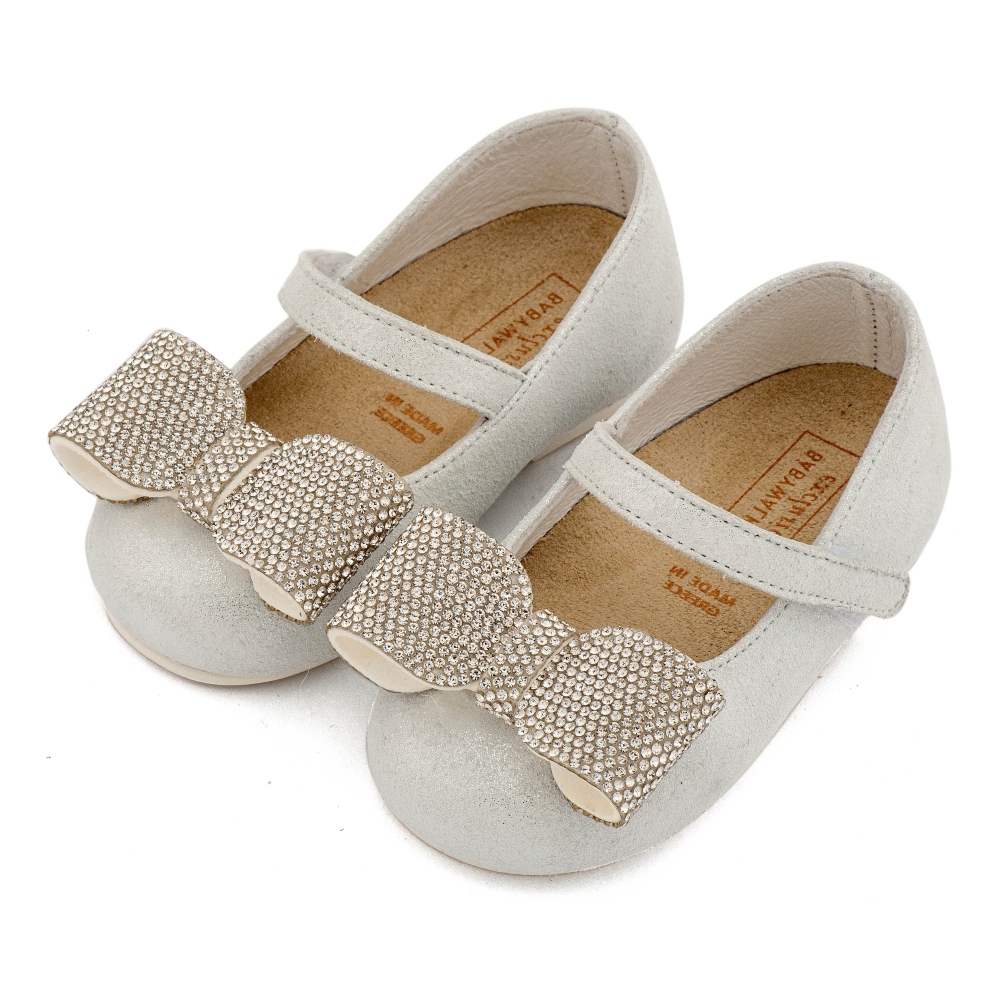 EXC5883-OFF-WHITE-BABYWALKER Γοβάκι με Μπαρέτα Διακοσμημένο με Στρασένιο Φιόγκο