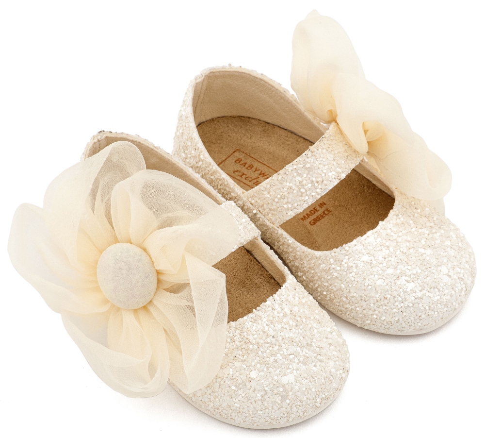 EXC5899 BABYWALKER βαπτιστικά παπούτσια μπαλαρινες glitter με λουλουδι οργαντζα (2)