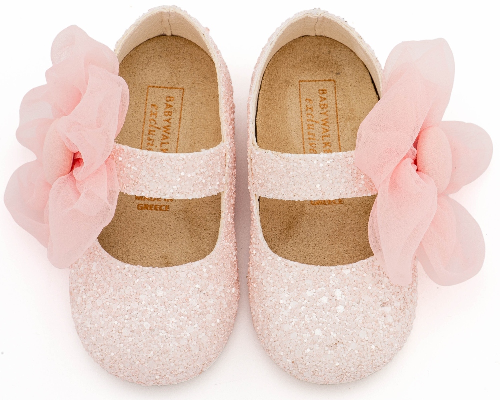EXC5899 BABYWALKER βαπτιστικά παπούτσια μπαλαρινες glitter με λουλουδι οργαντζα ροζ (2)