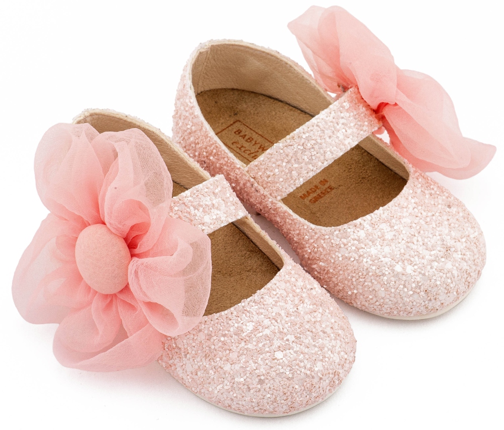 EXC5899 BABYWALKER βαπτιστικά παπούτσια μπαλαρινες glitter με λουλουδι οργαντζα ροζ