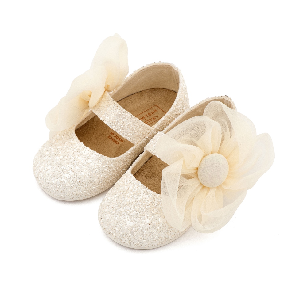 EXC5899 BABYWALKER βαπτιστικά παπούτσια μπαλαρινες glitter με λουλουδι οργαντζα